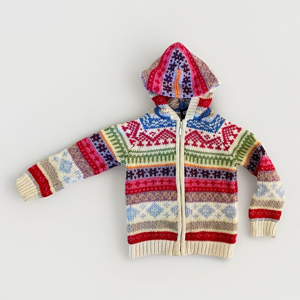 RARE Vintage GAP Kids Girls’ Sweater Hood Zip Cardigan XS 4 Fair Isle Lambswool